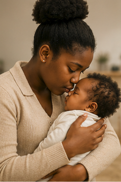 Young African American mother tenderly kissing her baby’s forehead